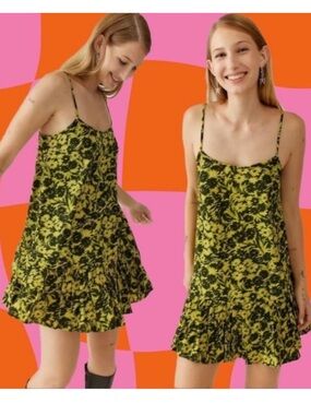 Urban Outfitters | Camille Mini Frock Dress Yellow Green Digitized Floral Small